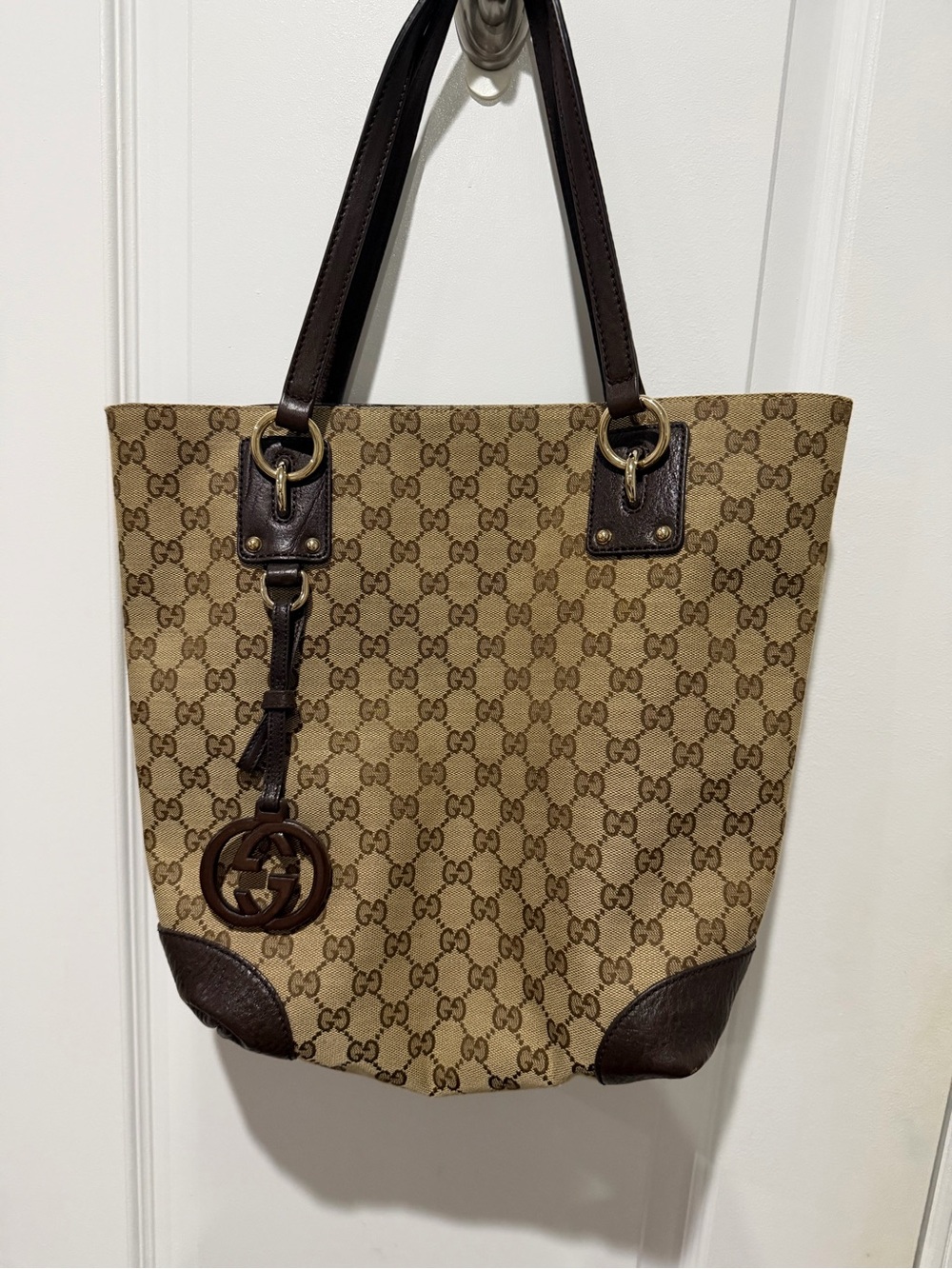 Gucci Beige Brown GG Canvas Tote with Dark Brown Leather Trim